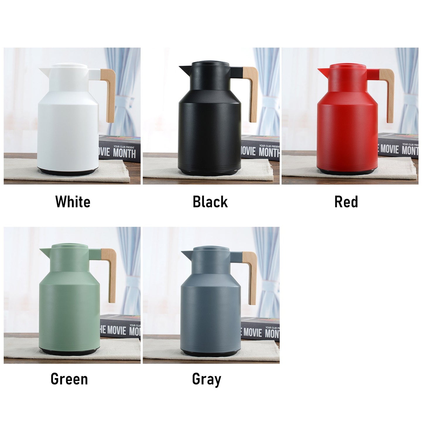 1L Thermal Coffee Carafe Double Walled Thermal Carafe Pot Keeping Hot Cold Water Kettle with Wood Handle