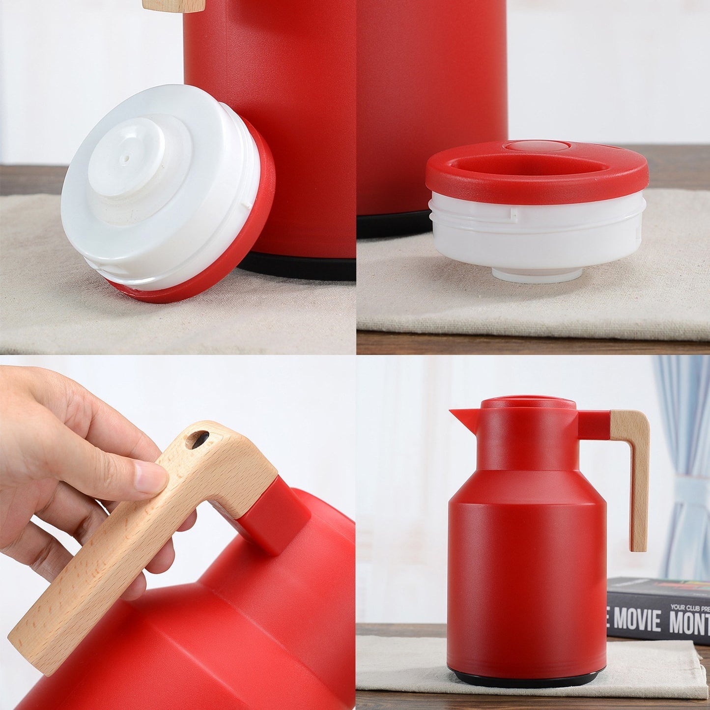 1L Thermal Coffee Carafe Double Walled Thermal Carafe Pot Keeping Hot Cold Water Kettle with Wood Handle