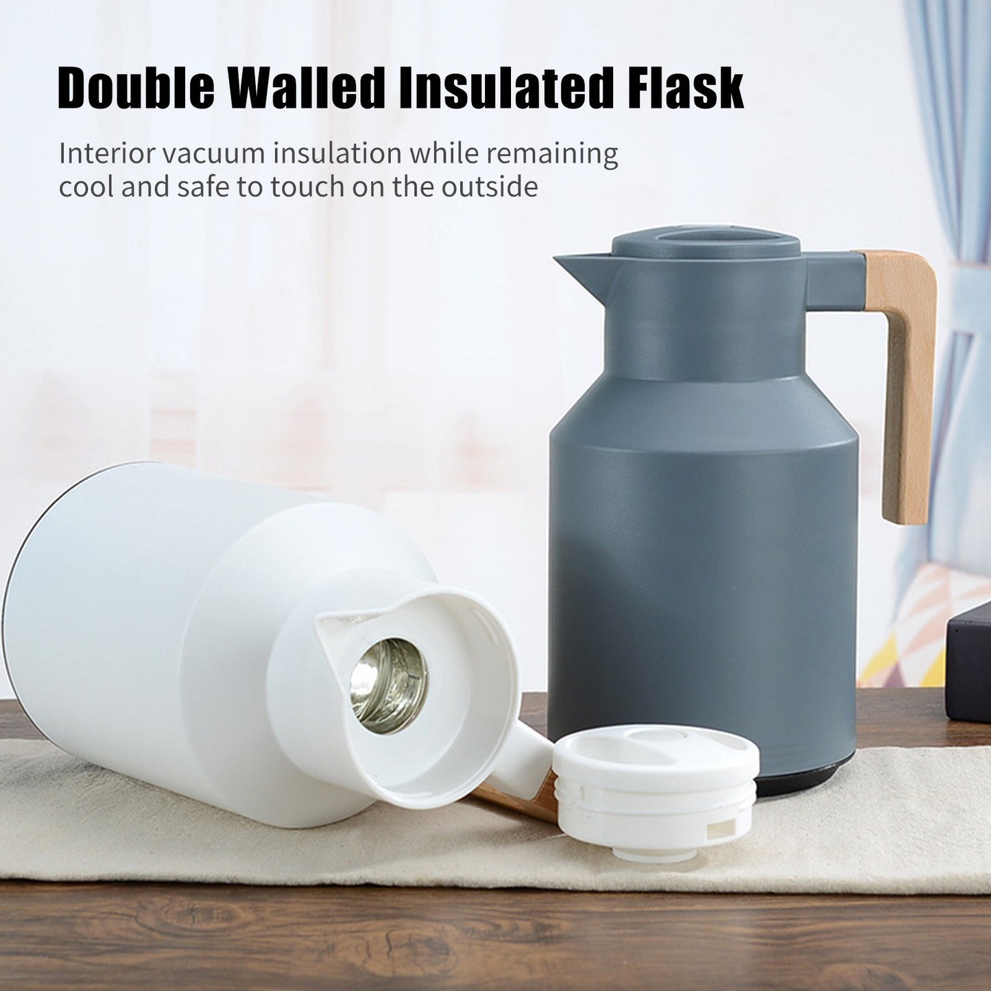 1L Thermal Coffee Carafe Double Walled Thermal Carafe Pot Keeping Hot Cold Water Kettle with Wood Handle