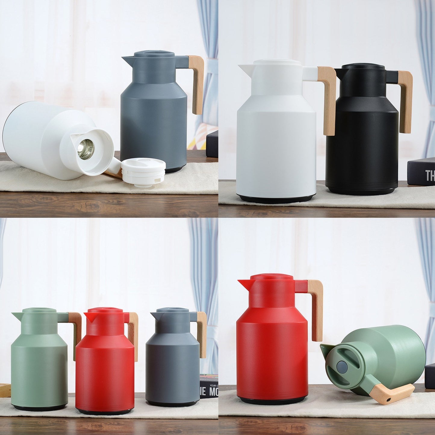 1L Thermal Coffee Carafe Double Walled Thermal Carafe Pot Keeping Hot Cold Water Kettle with Wood Handle