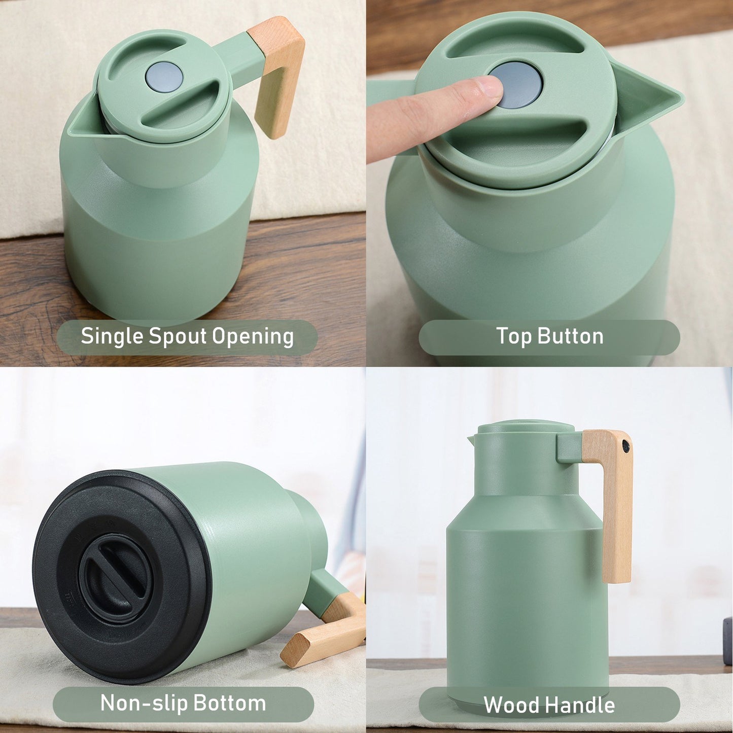 1L Thermal Coffee Carafe Double Walled Thermal Carafe Pot Keeping Hot Cold Water Kettle with Wood Handle
