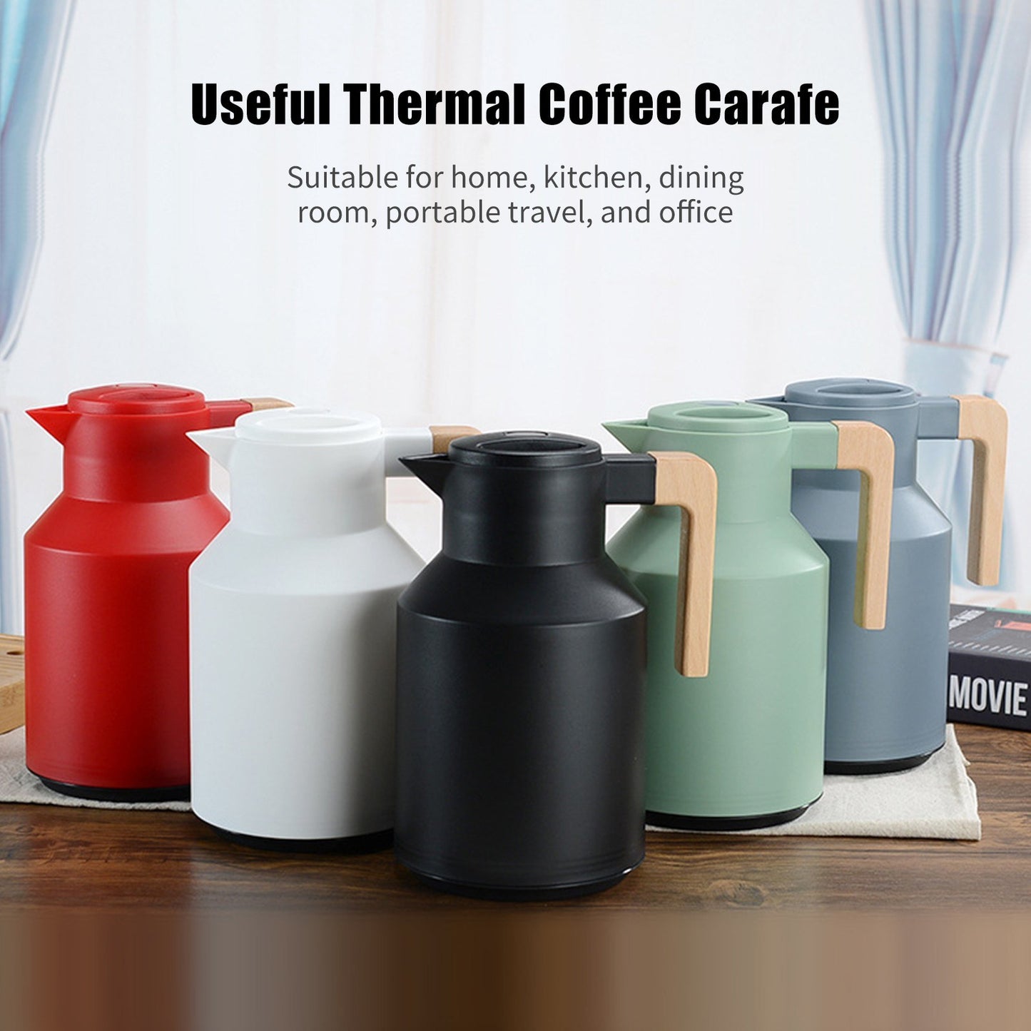 1L Thermal Coffee Carafe Double Walled Thermal Carafe Pot Keeping Hot Cold Water Kettle with Wood Handle