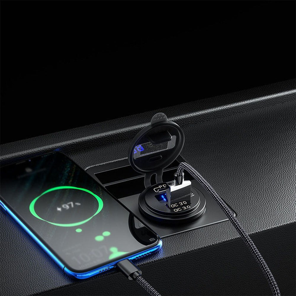 12-24V Car Charger Adapter PD USB Dual Port Quick Charge Phone Charger with Voltage Display