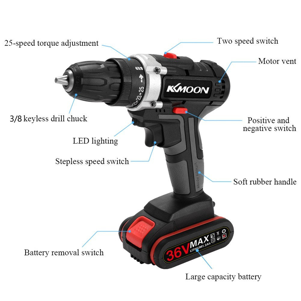 EU Plug 36V Multi-functional Electric Cordless Drill High-power Lithium Battery Wireless Rechargeable Hand Drills Brush Motor Home DIY Electric Power Tools
