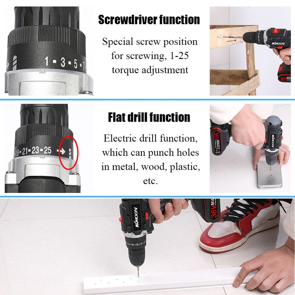 EU Plug 36V Multi-functional Electric Cordless Drill High-power Lithium Battery Wireless Rechargeable Hand Drills Brush Motor Home DIY Electric Power Tools