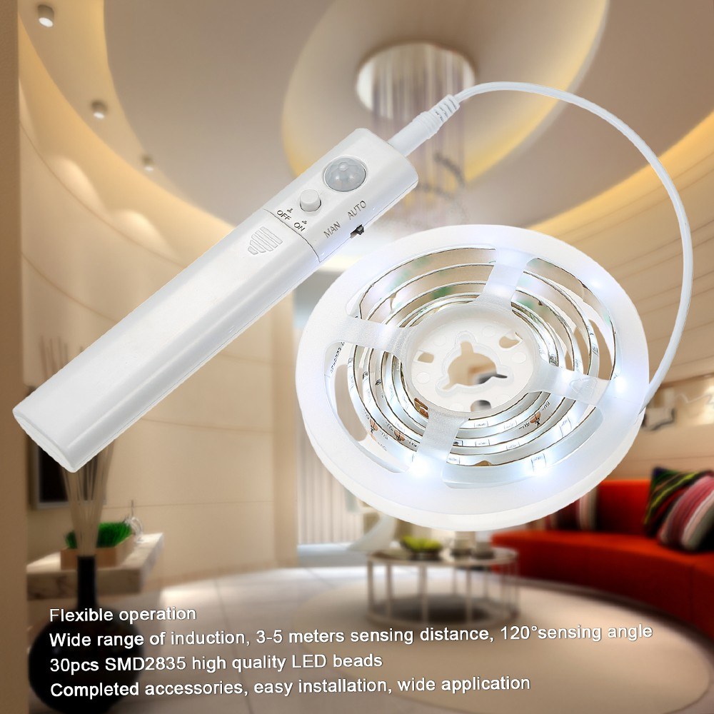 1m 30-LED Warm White Battery Powered PIR Motion Sensor Strip Light Cabinet Wardrobe Lamp with Remote Control