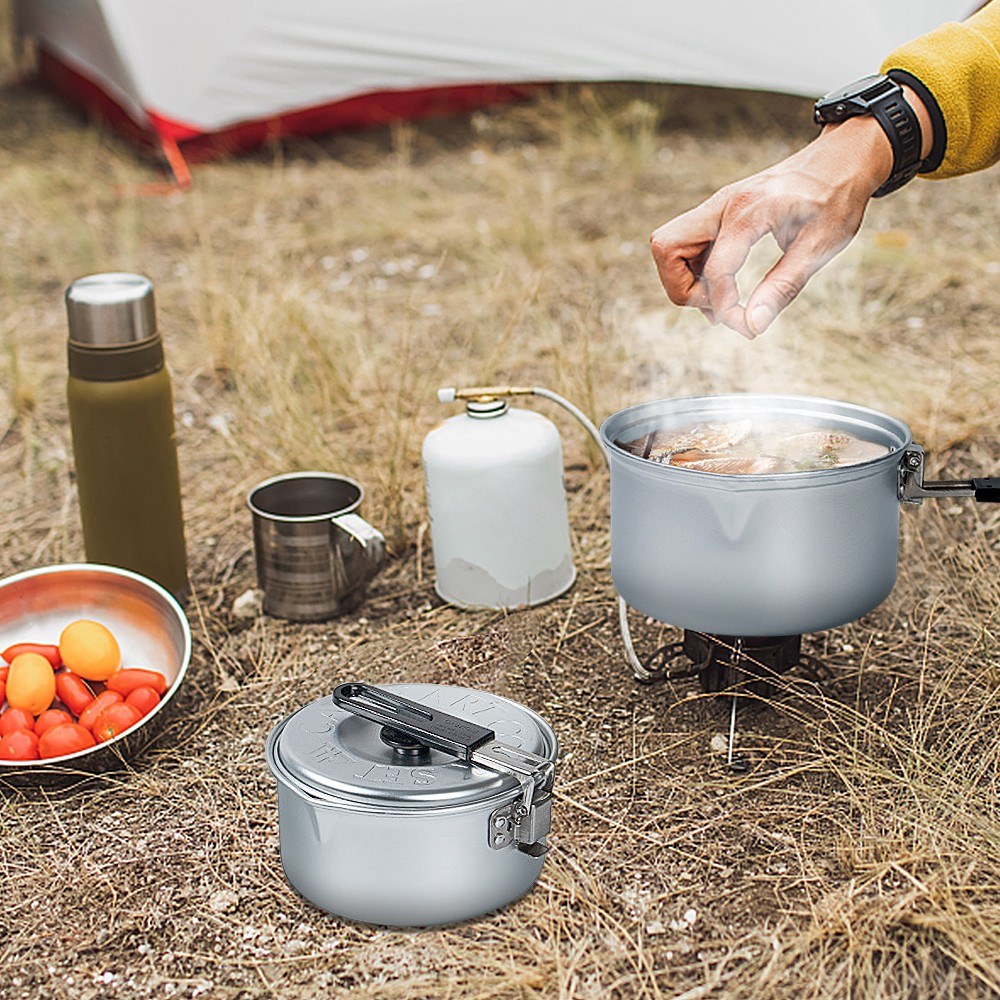 2Pcs (Size: S+M) Aluminum Alloy Pots Backpacking Gear Cooking Equipment with Foldable Handle for Outdoor Camping Picnic Hiking (No FDA Certificate)