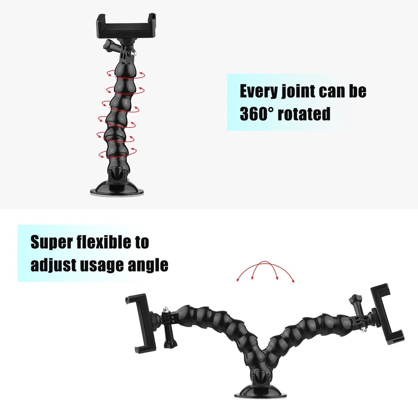 23cm/ 9.1in Flexible Suction Cup Mount Windshield Phone Mount 360-degree Rotating 1/4 Inch Screw Connector with Phone Holder for Smartphone Sports Camera