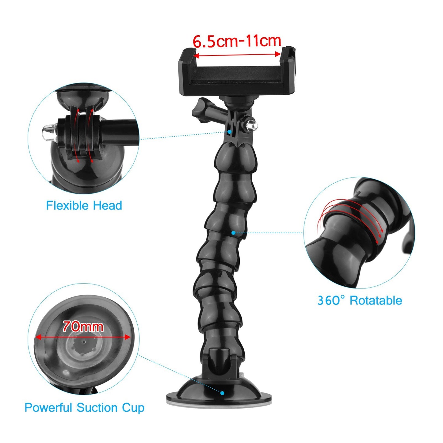 23cm/ 9.1in Flexible Suction Cup Mount Windshield Phone Mount 360-degree Rotating 1/4 Inch Screw Connector with Phone Holder for Smartphone Sports Camera