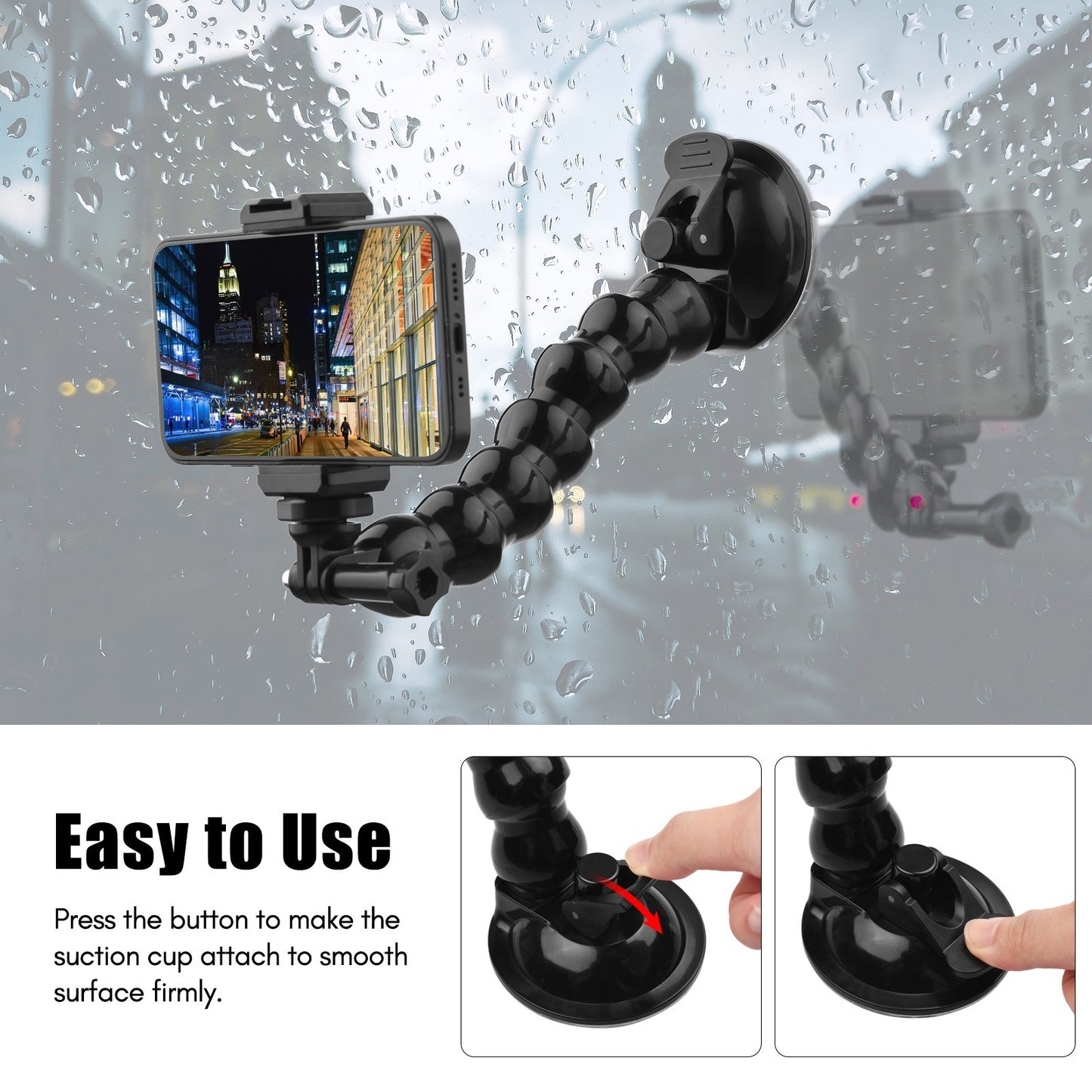 23cm/ 9.1in Flexible Suction Cup Mount Windshield Phone Mount 360-degree Rotating 1/4 Inch Screw Connector with Phone Holder for Smartphone Sports Camera