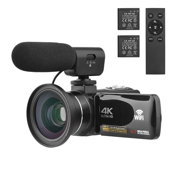 4K Digital Video Camera 3.0 Inch IPS Touch Screen WiFi Camcorder Portable DV Recorder 56MP 18X Digital Zoom Support Face Detection IR Night Vision with 2 Batteries + Remote Control + Carry Bag + External Microphone + 0.39X Wide Angle Lens