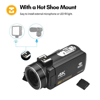 Portable 4K Digital Video Camera 3.0 Inch IPS Touch Screen WiFi Camcorder Anti-Shake DV Recorder 56MP 18X Digital Zoom Supports Face Detection IR Night Vision with 2 Batteries + Remote Control + Carrying Bag + External Microphone