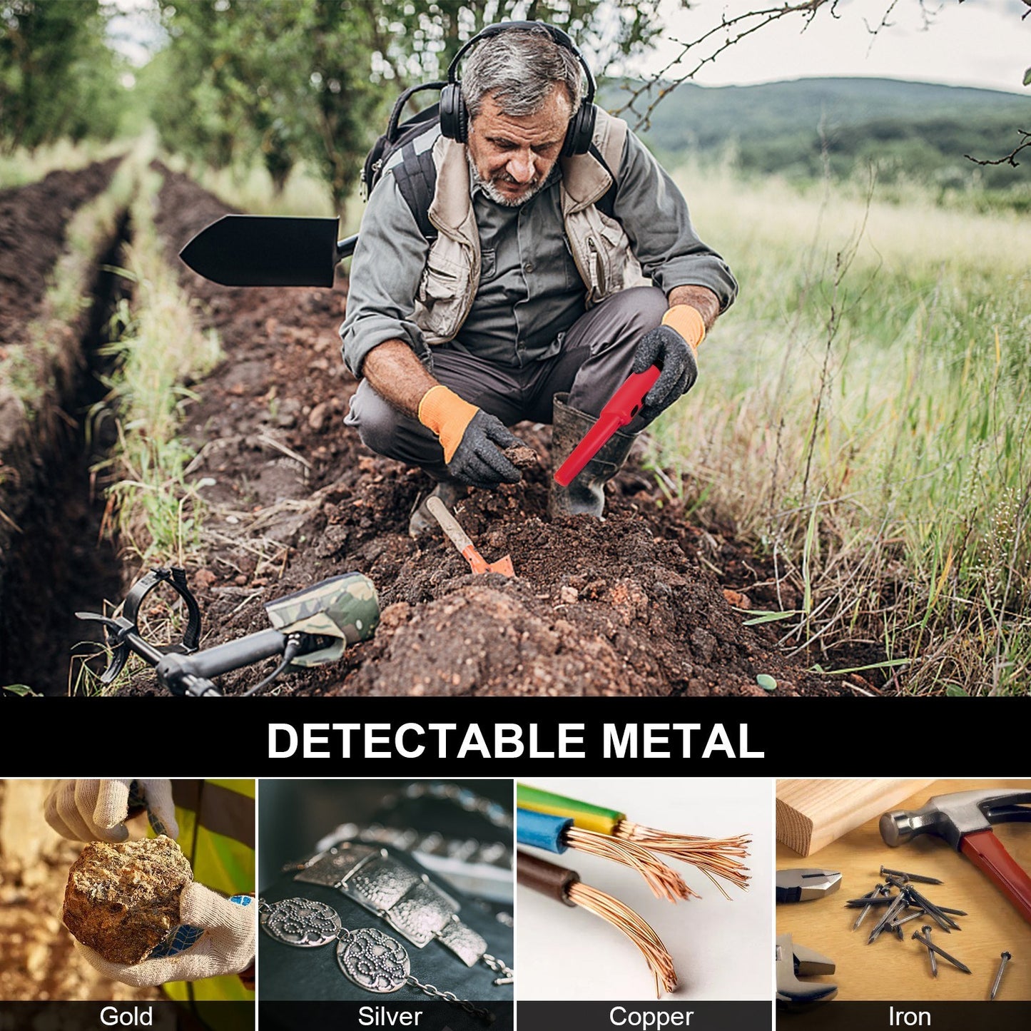 Portable Handheld Metal Pin Pointer GP-Pointers Rod Detector Underground Wiring Detector 360-Degree Search Gold Finder Bolt Finder with Spring Buckle/Wrist Guard/Waterproof Bag/Battery