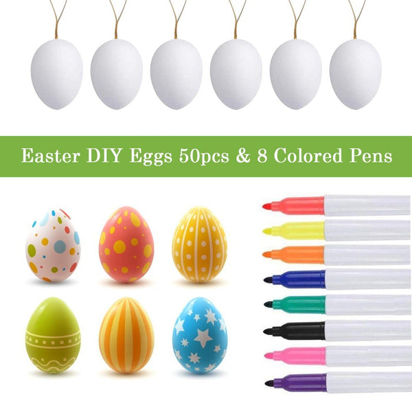 50pcs DIY Easter Eggs with Lanyard 8pcs Color Pens Non-toxic Durable Hanging White Plastic Eggs for DIY Painting Decoration