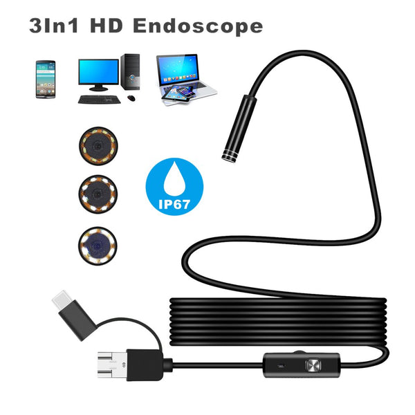 102 Android 5.5mm Micro USB + Type-C + USB 3-in-1 Waterproof Computer Endoscope