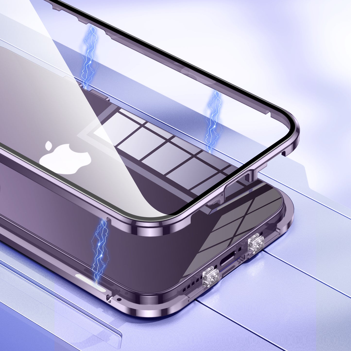 For iPhone 15 Plus Straight Edge Phone Case Double Sides Tempered Glass Metal Frame Magnetic Cover with Buckle