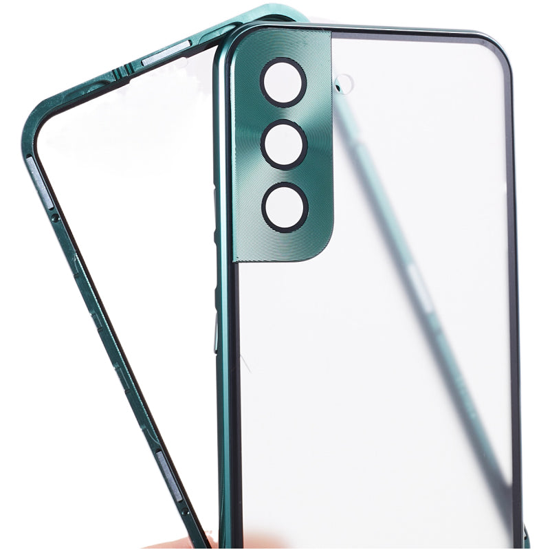 For Samsung Galaxy S22+ 5G Magnetic Metal Frame Phone Case Double Sided Tempered Glass Full Protective Cover with Lock Buckle