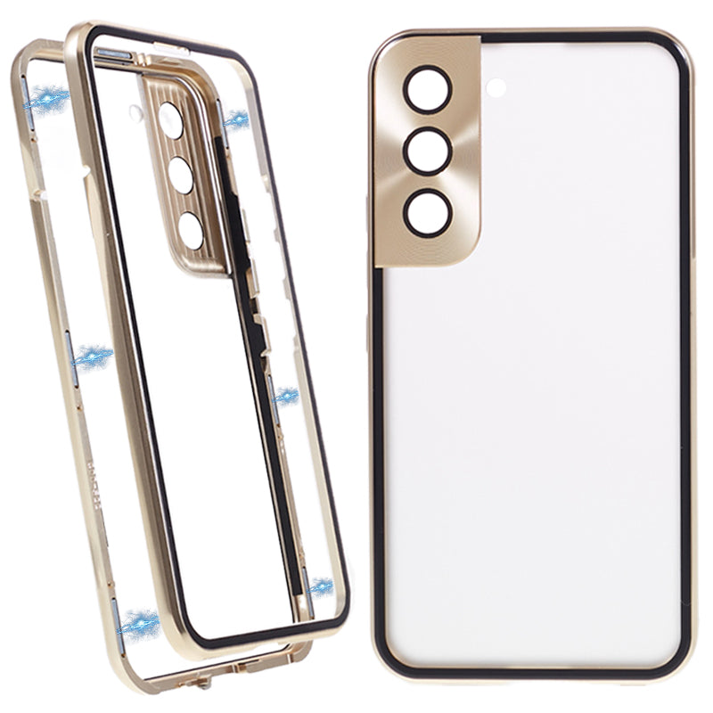 For Samsung Galaxy S22+ 5G Magnetic Metal Frame Phone Case Double Sided Tempered Glass Full Protective Cover with Lock Buckle