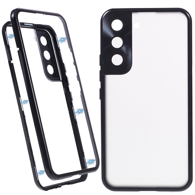For Samsung Galaxy S22+ 5G Magnetic Metal Frame Phone Case Double Sided Tempered Glass Full Protective Cover with Lock Buckle
