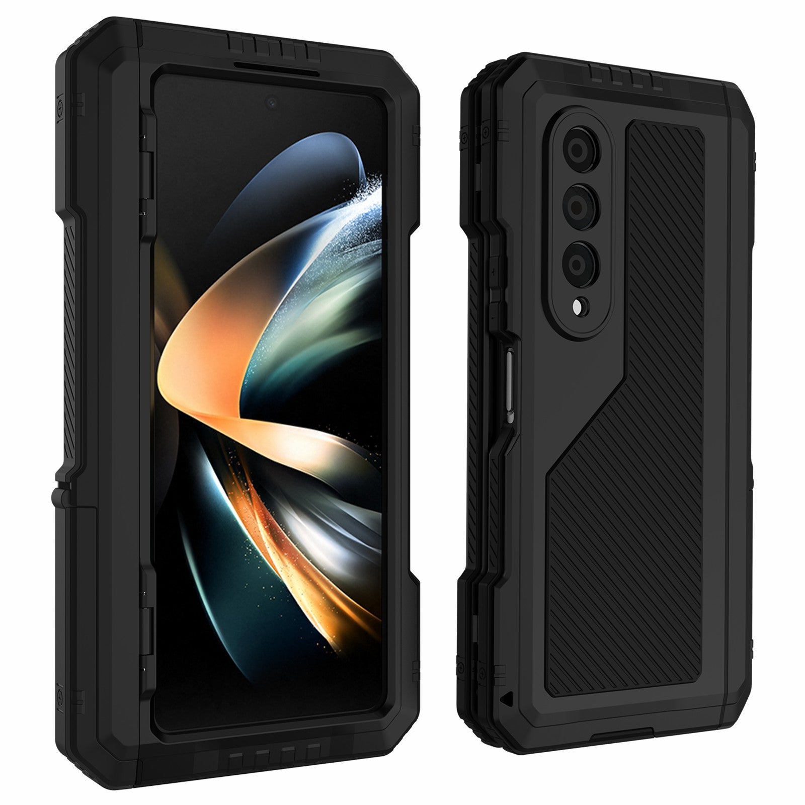 For Samsung Galaxy Z Fold4 5G Aluminium Alloy + Silicone Phone Case Shockproof Dustproof Kickstand Protective Cover with Screen Protector