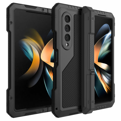 For Samsung Galaxy Z Fold4 5G Aluminium Alloy + Silicone Phone Case Shockproof Dustproof Kickstand Protective Cover with Screen Protector