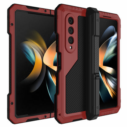 For Samsung Galaxy Z Fold4 5G Aluminium Alloy + Silicone Phone Case Shockproof Dustproof Kickstand Protective Cover with Screen Protector