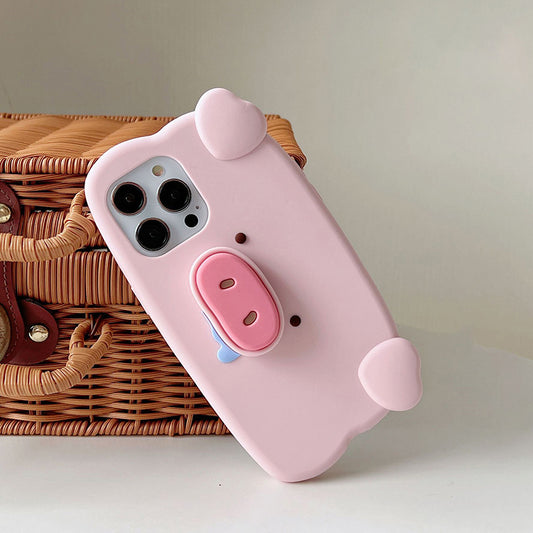 For iPhone Pig Shape Cartoon Soft Silicone Phone Case Stand