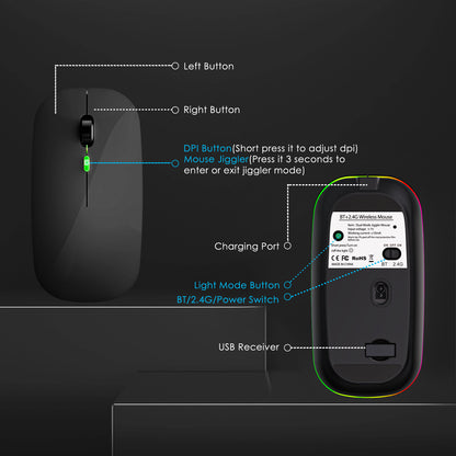2.4G / Bluetooth Dual Mode Wireless Mouse with Backlight, Quiet Portable Jiggler Mouse for Laptops, Tablets