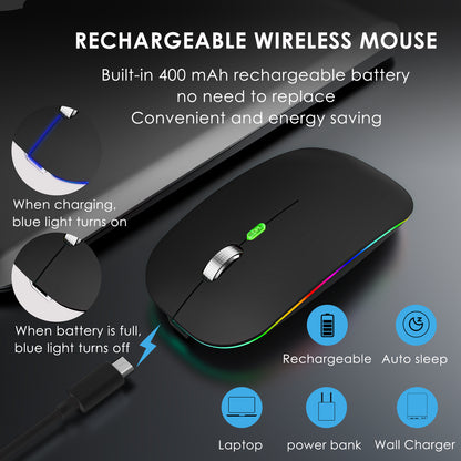 2.4G / Bluetooth Dual Mode Wireless Mouse with Backlight, Quiet Portable Jiggler Mouse for Laptops, Tablets