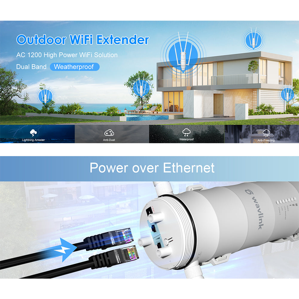 WAVLINK WS-WN572HG3-A AC1200 Outdoor WiFi Extender with POE Dual Band 2.4GHz / 5GHz Wireless Routers with 4x7dBi Antenna