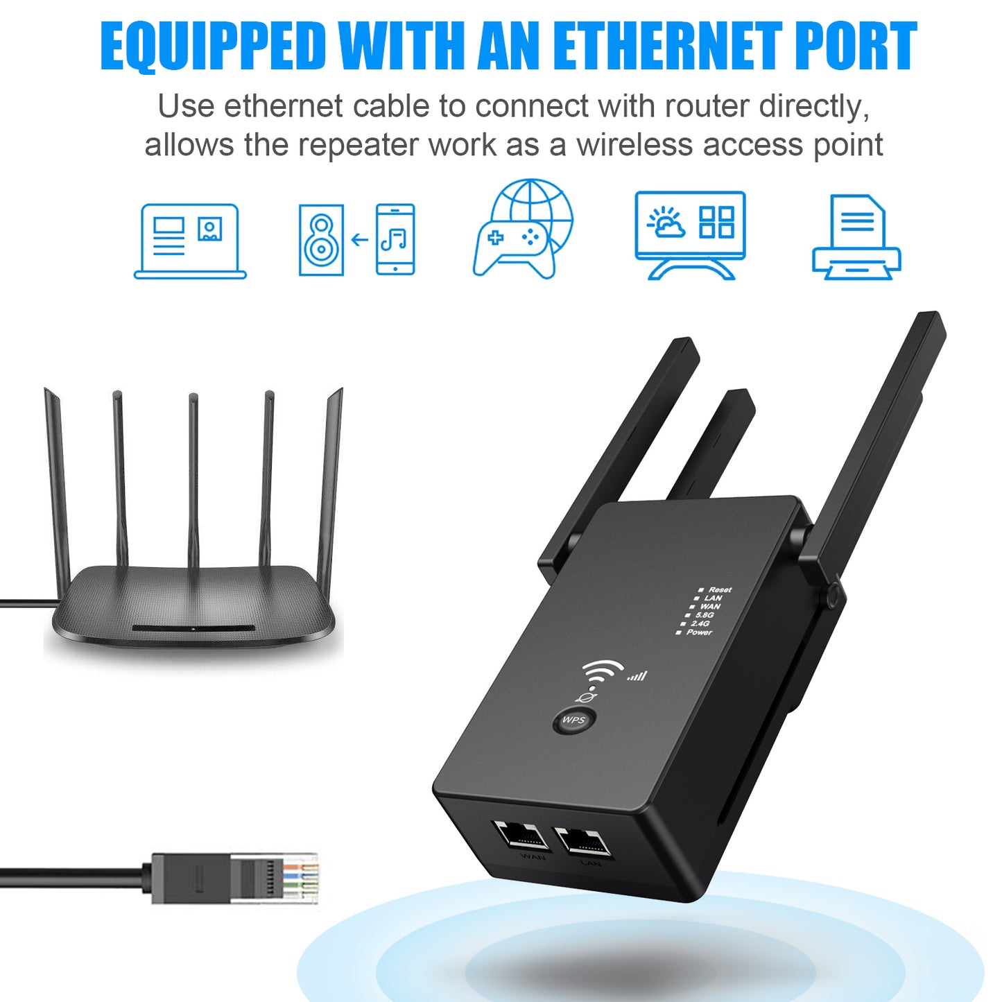 U6 1200m Wireless Router Network Extender Wi-Fi Repeater with External Antenna, WiFi Signal Booster