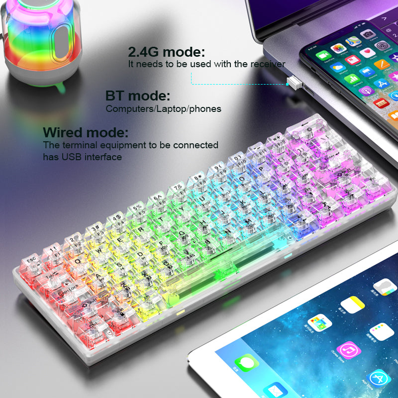 XUNFOX K30 Pro Three Modes Transparent Mechanical Keyboard White Axis 61 Keys Gaming Keyboard with RGB Backlight