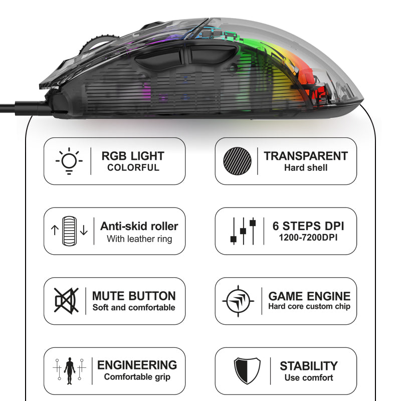 XUNFOX XYH10 USB Wired Transparent Mouse 6-Speed DPI 7 Keys Gaming Mouse with RGB Light for PC  /  Laptop