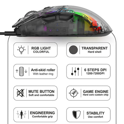 XUNFOX XYH10 USB Wired Transparent Mouse 6-Speed DPI 7 Keys Gaming Mouse with RGB Light for PC  /  Laptop