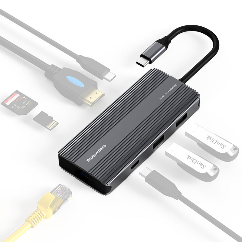 BLUEENDLESS HD805 Type-C Hub 8K@30Hz 8-in-1 Multiport Desktop PC Laptop Adapter USB3.1 Splitter