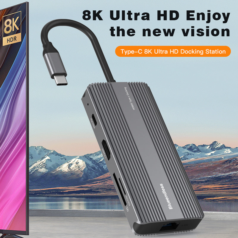 BLUEENDLESS HD805 Type-C Hub 8K@30Hz 8-in-1 Multiport Desktop PC Laptop Adapter USB3.1 Splitter
