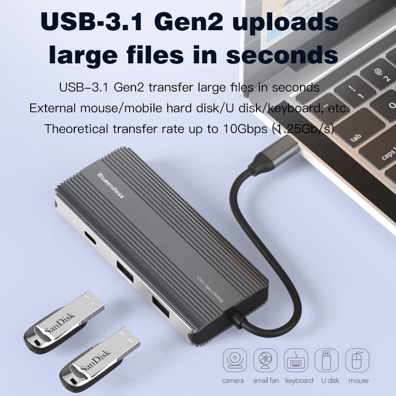 BLUEENDLESS HD805 Type-C Hub 8K@30Hz 8-in-1 Multiport Desktop PC Laptop Adapter USB3.1 Splitter