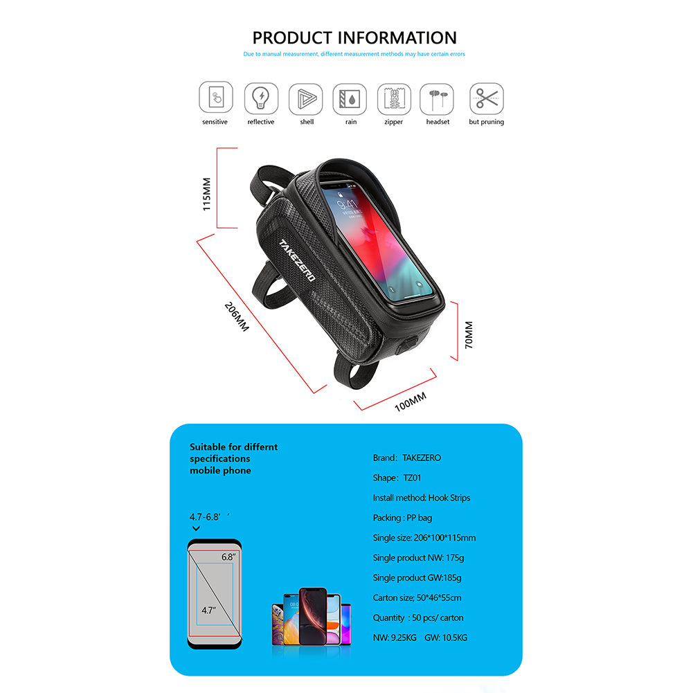 TAKEZERO TZ01 Waterproof Mountain Bike Front Bar Bag PU+TPU+Hard EVA Cell Phone Case for Bicycle