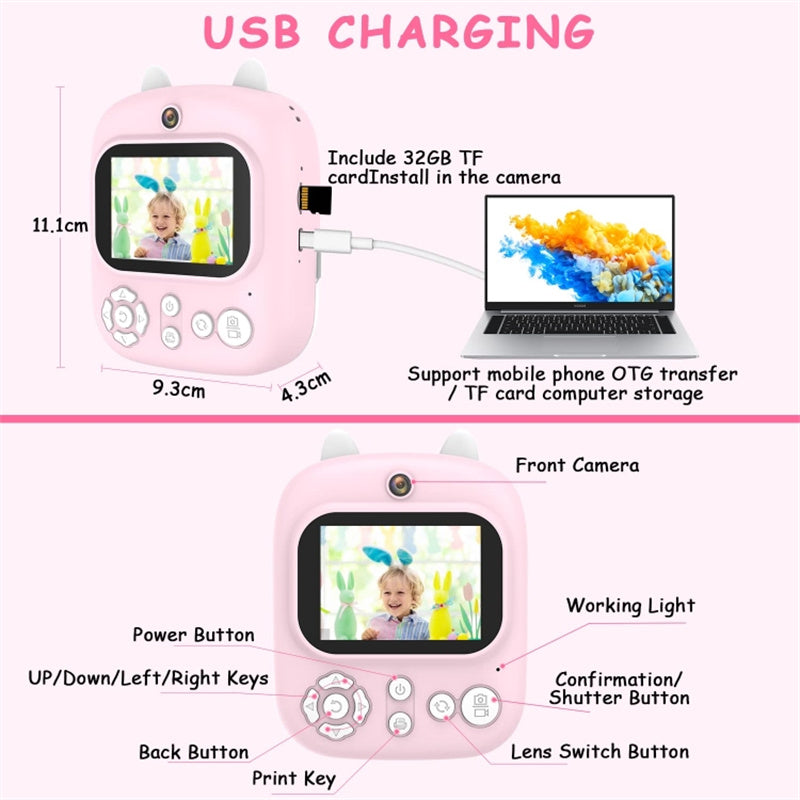 1200W Pixel 2.4-inch IPS Screen Kids Camera Inkless Print Instant Camera with 32G Memory Card, Card Reader