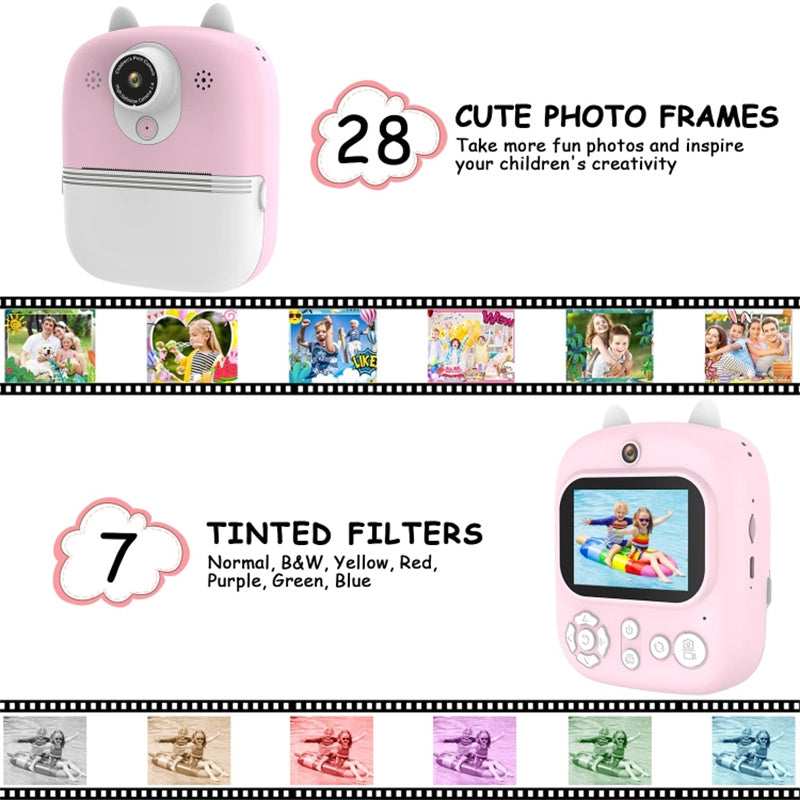 1200W Pixel 2.4-inch IPS Screen Kids Instant Camera Portable Cute Inkless Print Camera, Standard Version