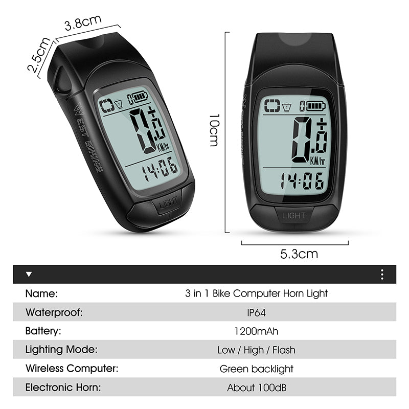 WEST BIKING YP0702095 3-in-1 Bike Computer Headlight Horn Bicycle Cycling Wireless Digital Odometer