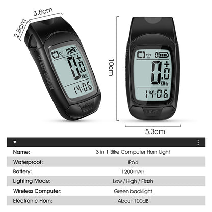 WEST BIKING YP0702095 3-in-1 Bike Computer Headlight Horn Bicycle Cycling Wireless Digital Odometer