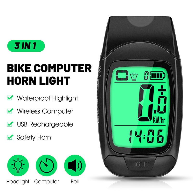 WEST BIKING YP0702095 3-in-1 Bike Computer Headlight Horn Bicycle Cycling Wireless Digital Odometer