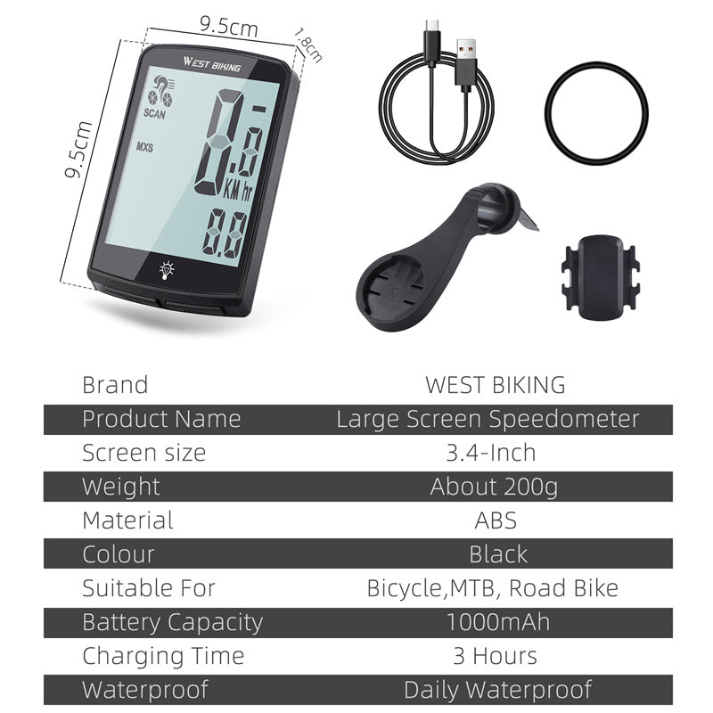 WEST BIKING YP0702100 3.4-inch Large Screen Speedometer Sensor APP Connect Cycling Code Meter for Bicycle, MTB, Road Bike