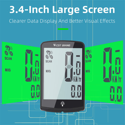 WEST BIKING YP0702100 3.4-inch Large Screen Speedometer Sensor APP Connect Cycling Code Meter for Bicycle, MTB, Road Bike