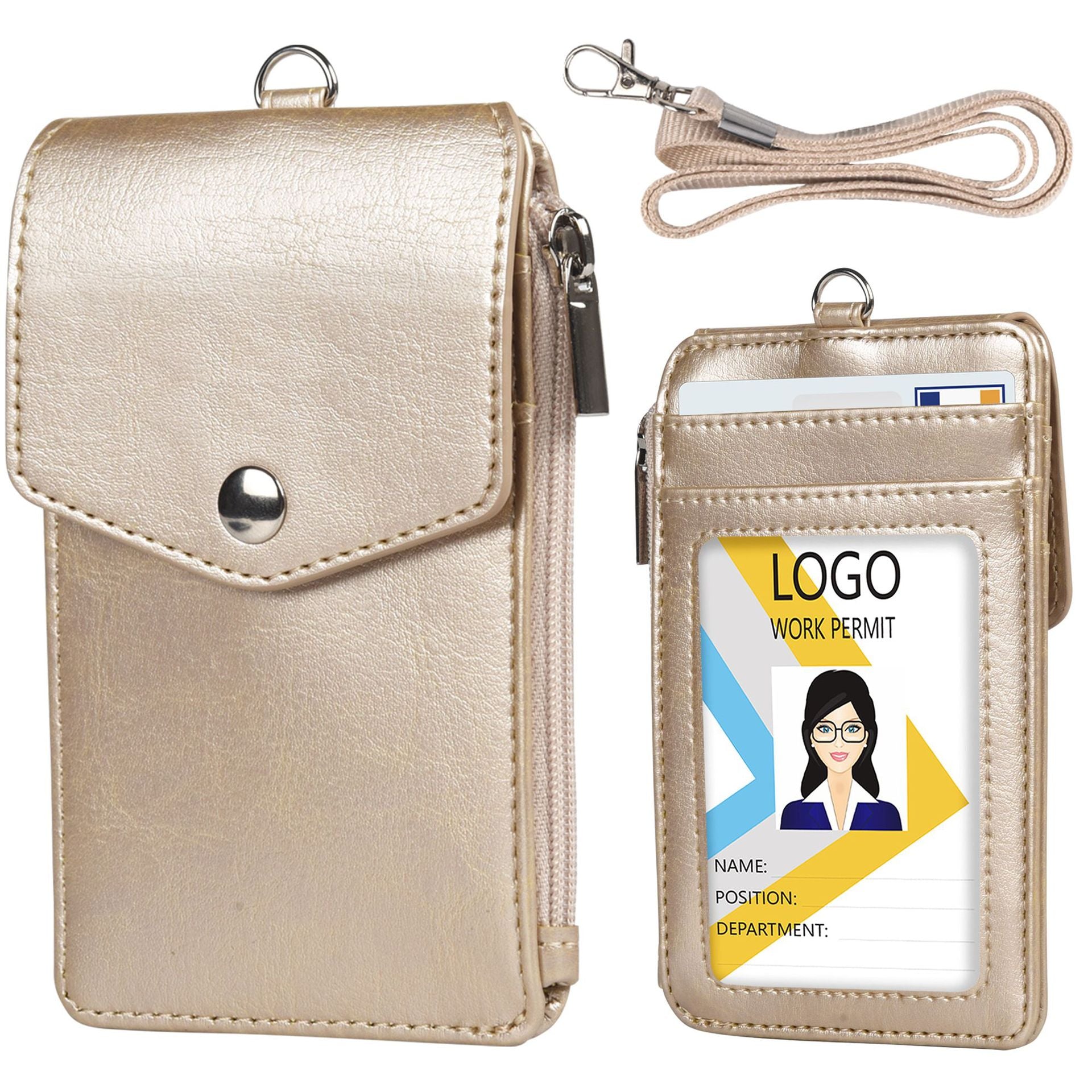 Zipper Pocket Design PU Leather Card Bag ID Bus Card Holder with Neck Strap