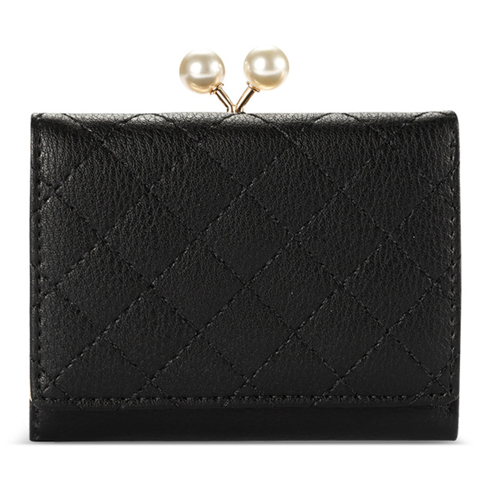 TAILIAN T7368-134 Pearl Clip Wallet PU Leather Card Storage Holder Stitching Rhombus Coin Pouch Bag