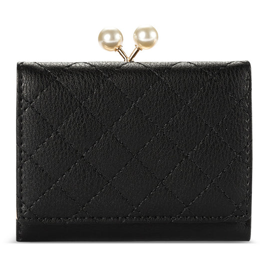 TAILIAN T7368-134 Pearl Clip Wallet PU Leather Card Storage Holder Stitching Rhombus Coin Pouch Bag