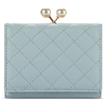 TAILIAN T7368-134 Pearl Clip Wallet PU Leather Card Storage Holder Stitching Rhombus Coin Pouch Bag