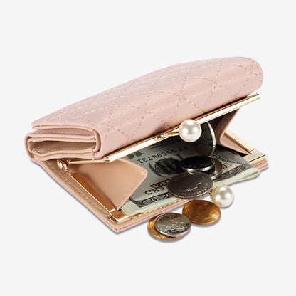TAILIAN T7368-134 Pearl Clip Wallet PU Leather Card Storage Holder Stitching Rhombus Coin Pouch Bag
